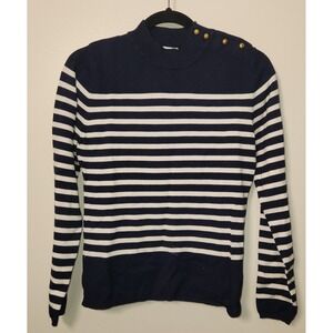 Cielo Navy Blue White‎ Stripe Nautical Knit Sweater Gold Buttons Med Viscose